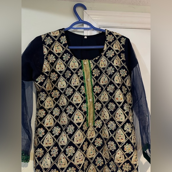 3 peice pakistani suit shaalwar kameez green and blue - Picture 3 of 7